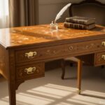Close-up of a beautiful Sheraton style writing desk with satinwood veneer, delicate marquetry floral