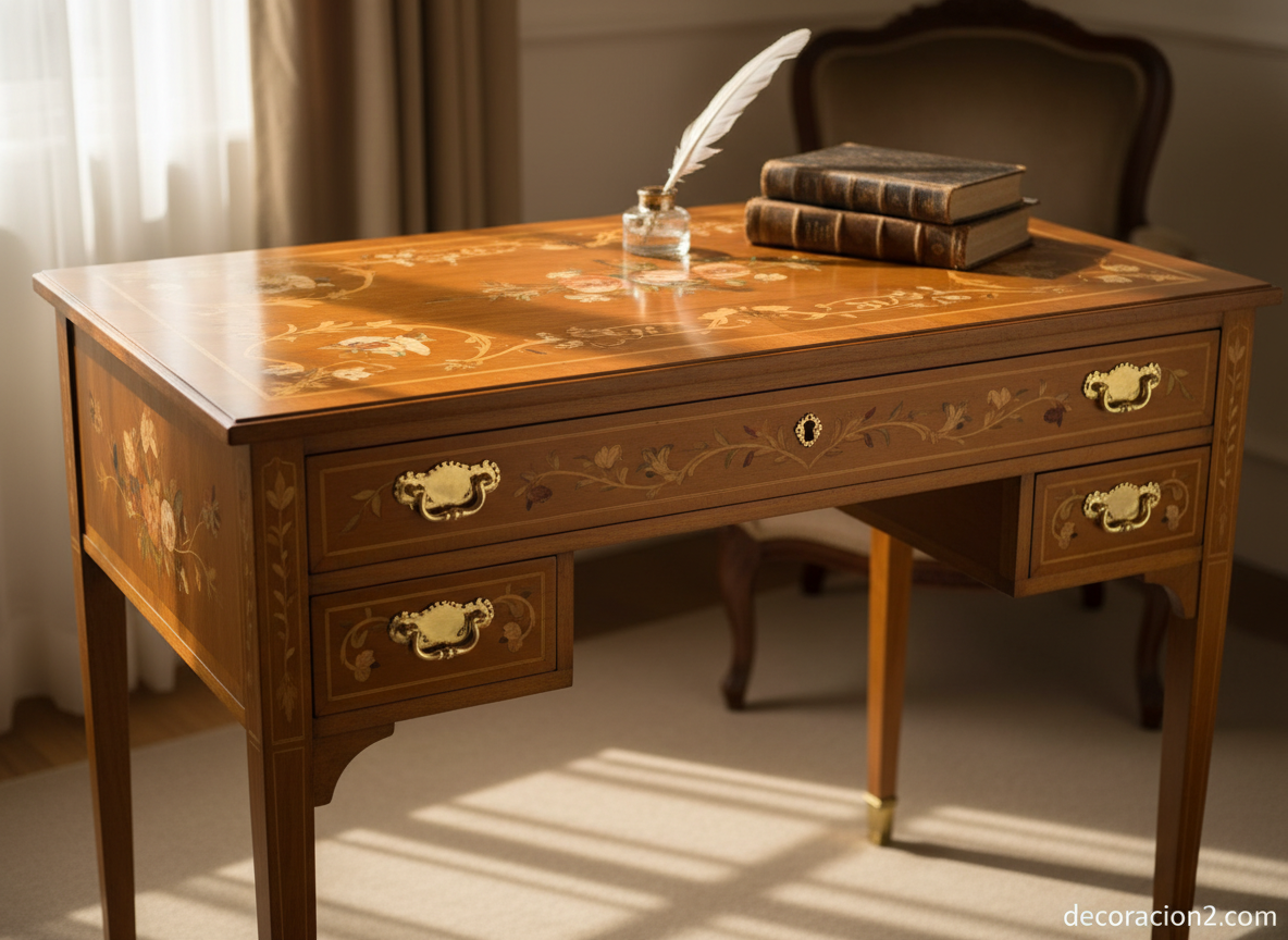 Escritorio de estilo Sheraton con marquetería floral, patas cónicas y acabado en madera clara