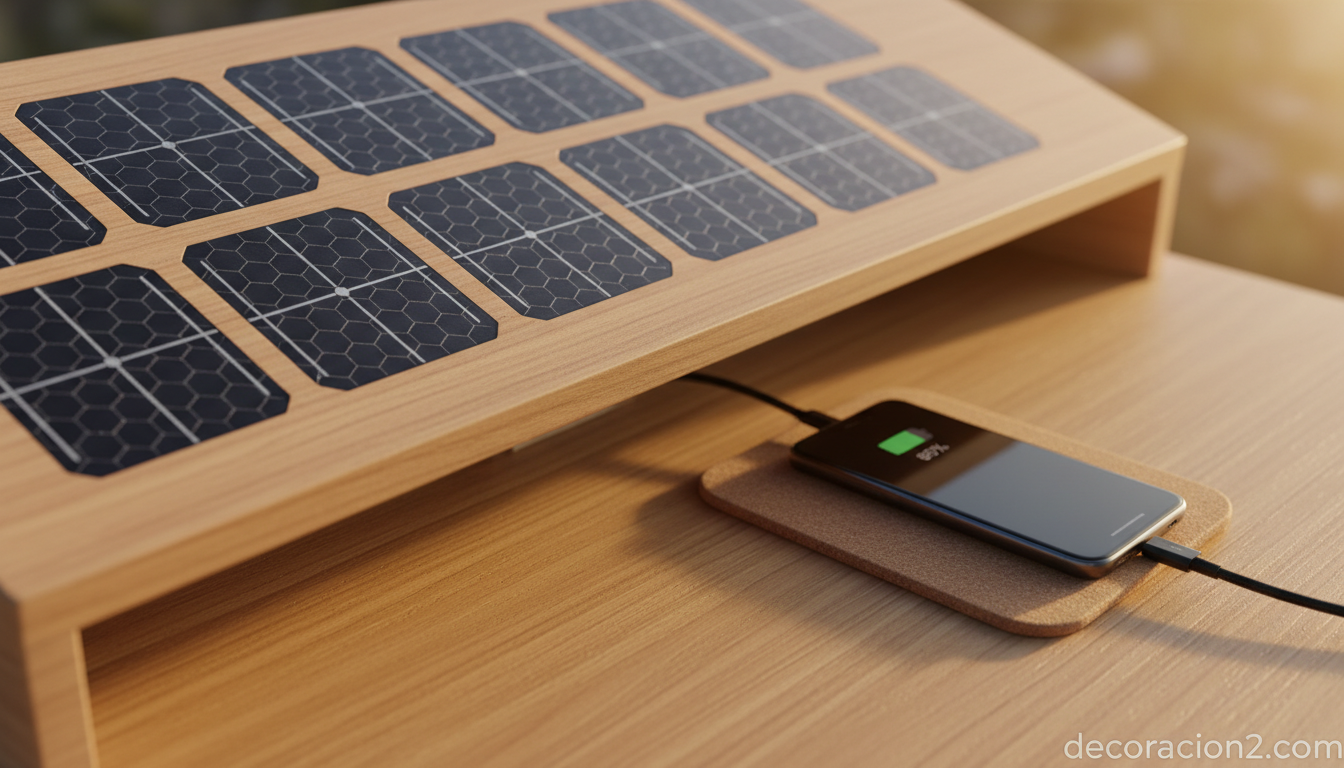 Detalle de placas solares integradas en el tejado de un escritorio ecológico