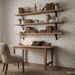 Cozy rustic home office corner with floating wooden shelves, vintage decorative items, stacked old b