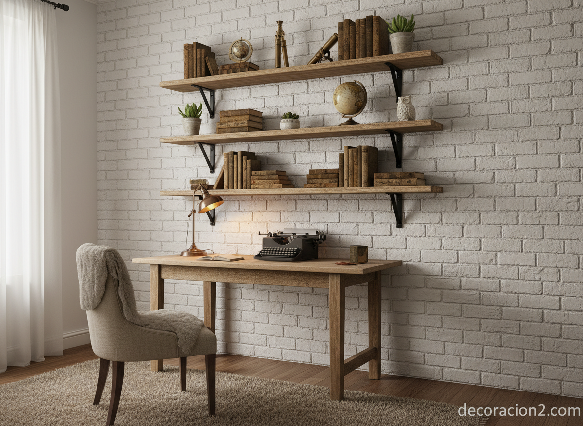 Oficinas rústicas: cómo decorar un despacho con estilo rústico y funcional 6 Estantería rústica de madera con libros, plantas y accesorios decorativos vintage