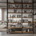 Industrial style open metal and wood bookshelf used as room divider between living room and dining a