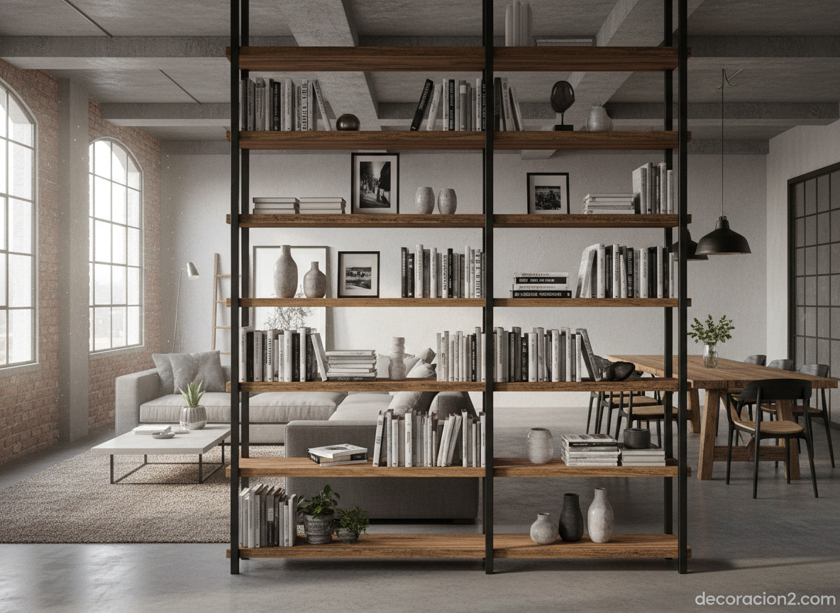 Librerías y estanterías decorativas: tipos, ideas y cómo elegir la mejor para tu hogar 11 Estantería industrial de madera y metal utilizada como separador de ambientes en un loft