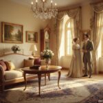 Elegant Biedermeier style living room interior with cherry wood furniture, a comfortable sofa with c