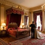 Grand luxury hotel suite decorated in Napoleonic Empire style, dark mahogany furniture with gold gil