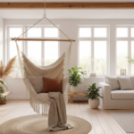 A bright, airy living room interior with a beautiful indoor hammock hanging from a sturdy wooden bea