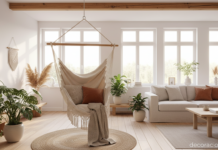 Hamaca de interior en un salón luminoso con estilo boho