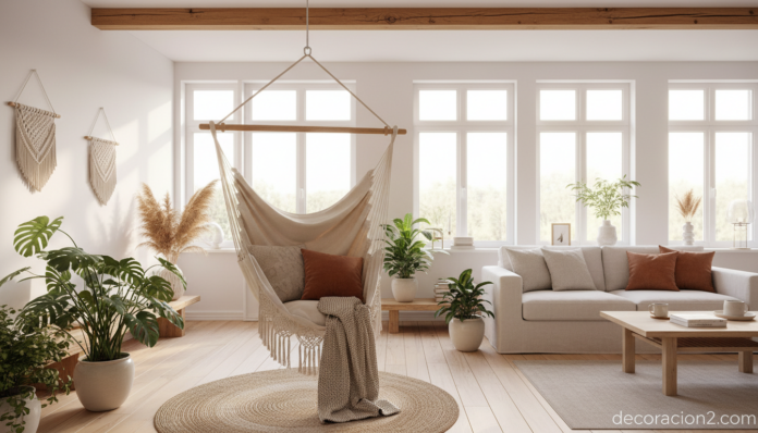 Hamaca de interior en un salón luminoso con estilo boho