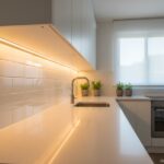 Close-up of a modern kitchen with LED strip lights under white cabinets illuminating the countertop,
