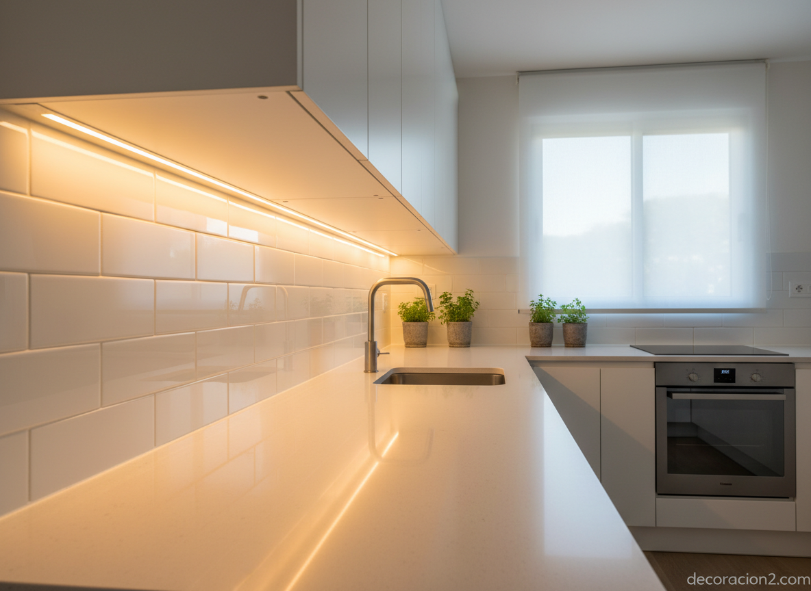 Cómo hacer que una cocina pequeña parezca más grande: 8 trucos con resultado real 10 Iluminación LED bajo armarios de cocina pequeña para ampliar espacio visual