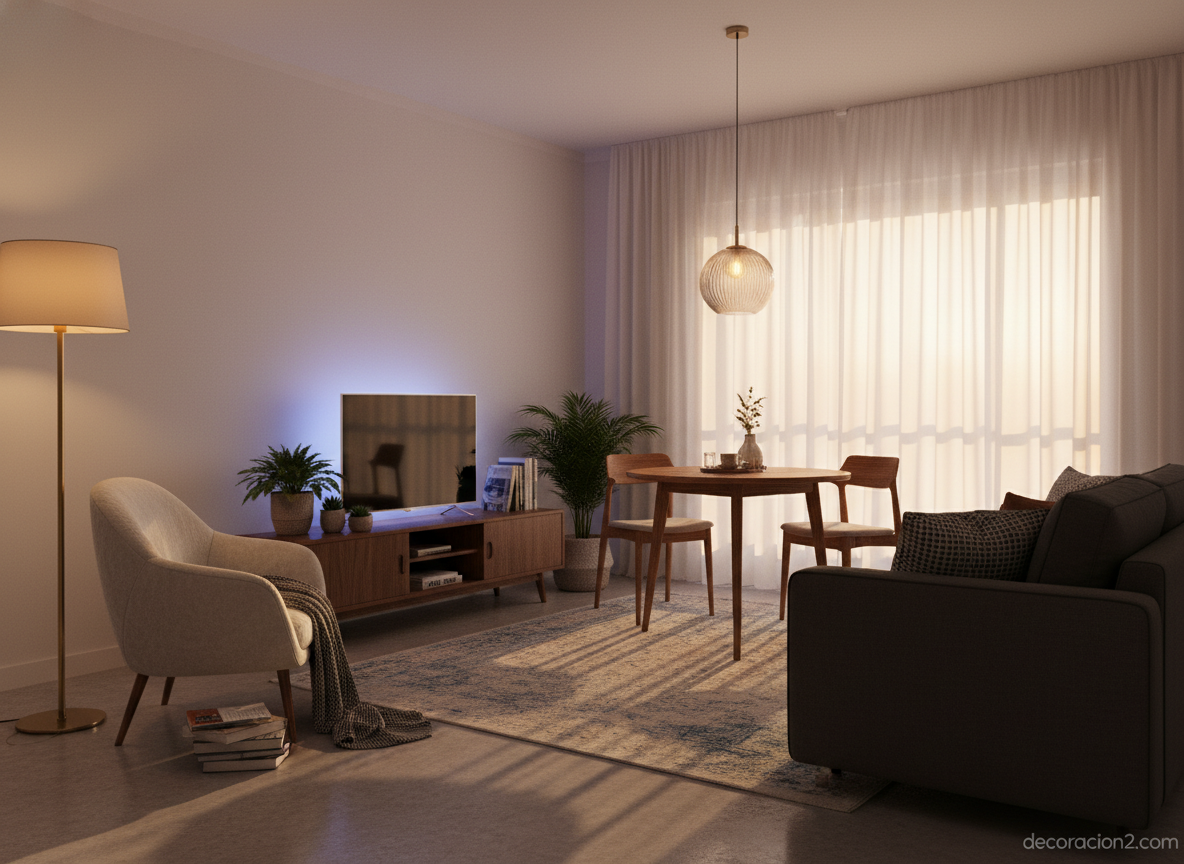 Salones pequeños: cómo decorarlos para ganar espacio y estilo 4 Salón pequeño con iluminación por capas: lámpara de pie, colgante y tiras LED