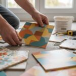 Close-up of colorful linoleum floor tiles being installed in a home, hands placing a patterned linol