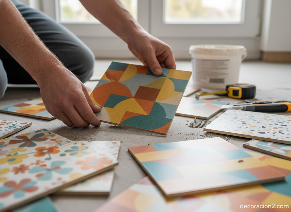 Instalación de baldosas de linóleo de colores en un suelo del hogar