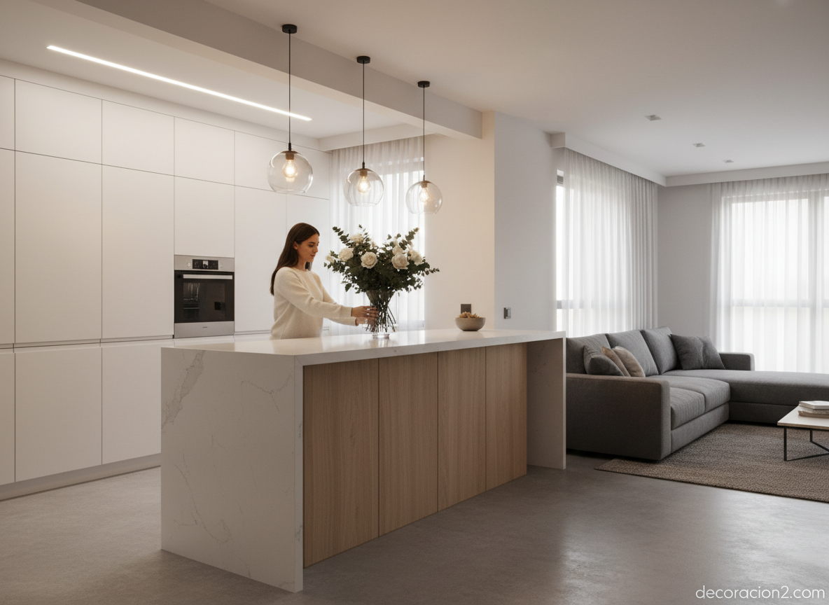 Isla de cocina como separador de ambientes entre cocina y salón