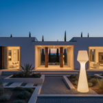 Professional architectural photography of a contemporary Spanish home at dusk, with a sculptural out