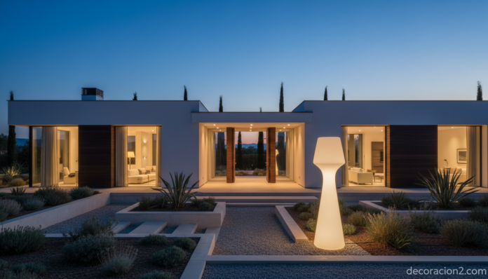 Lámpara de exterior Kanpazar iluminando la entrada de una casa al anochecer