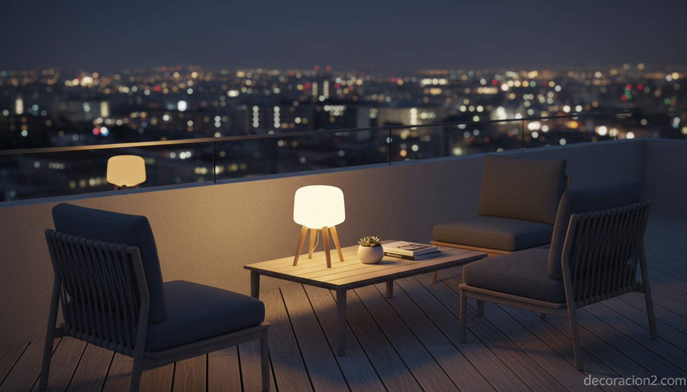 Lámpara de exterior portátil Kanpazar en una terraza de noche