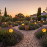 A beautiful Mediterranean garden at dusk with several sunflower-shaped solar lamps glowing warmly am