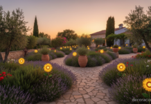 Lámpara solar girasol iluminando un jardín mediterráneo al atardecer