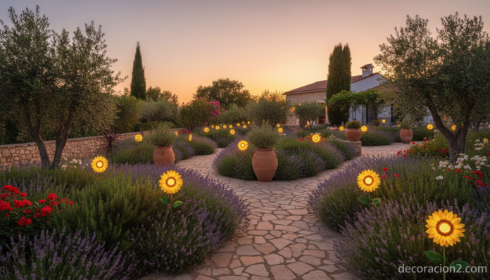 Lámpara solar girasol iluminando un jardín mediterráneo al atardecer