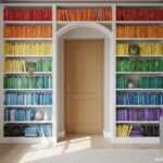 Elegant built-in bookshelf around a doorway forming a bridge shape, white painted shelves with organ