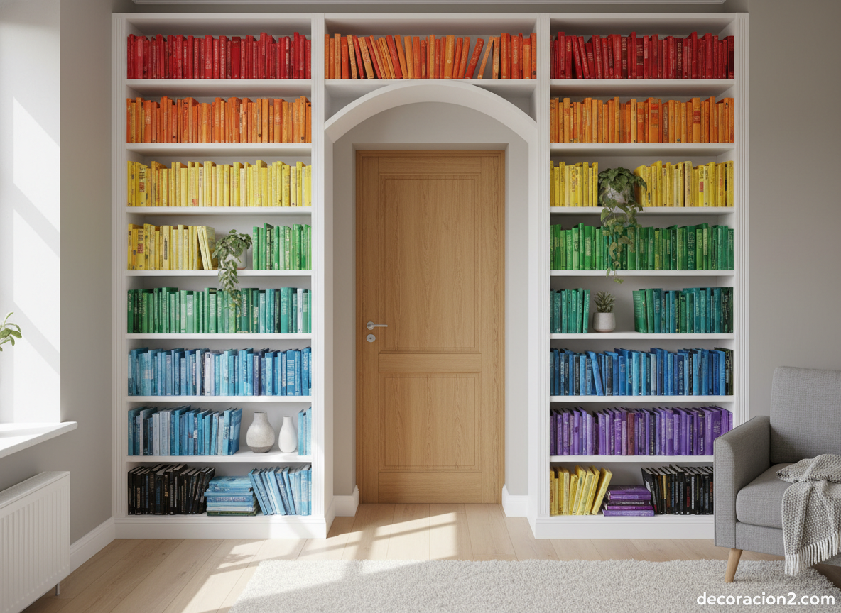 Librerías y estanterías decorativas: tipos, ideas y cómo elegir la mejor para tu hogar 9 Librería tipo puente empotrada sobre una puerta con libros organizados por colores y plantas decorativas