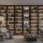 Modern living room with a beautiful floor-to-ceiling bookshelf filled with books, decorative objects