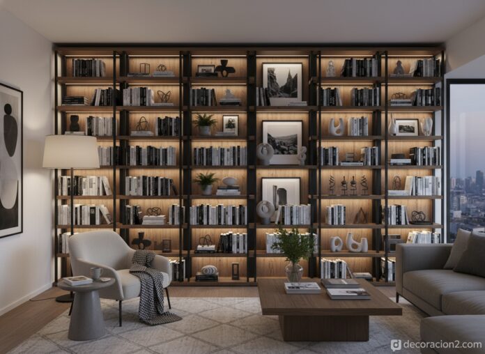 Modern living room with a beautiful floor-to-ceiling bookshelf filled with books, decorative objects