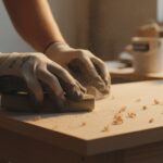 Close up of hands sanding a wooden surface with sandpaper, wood shavings and dust visible, preparing