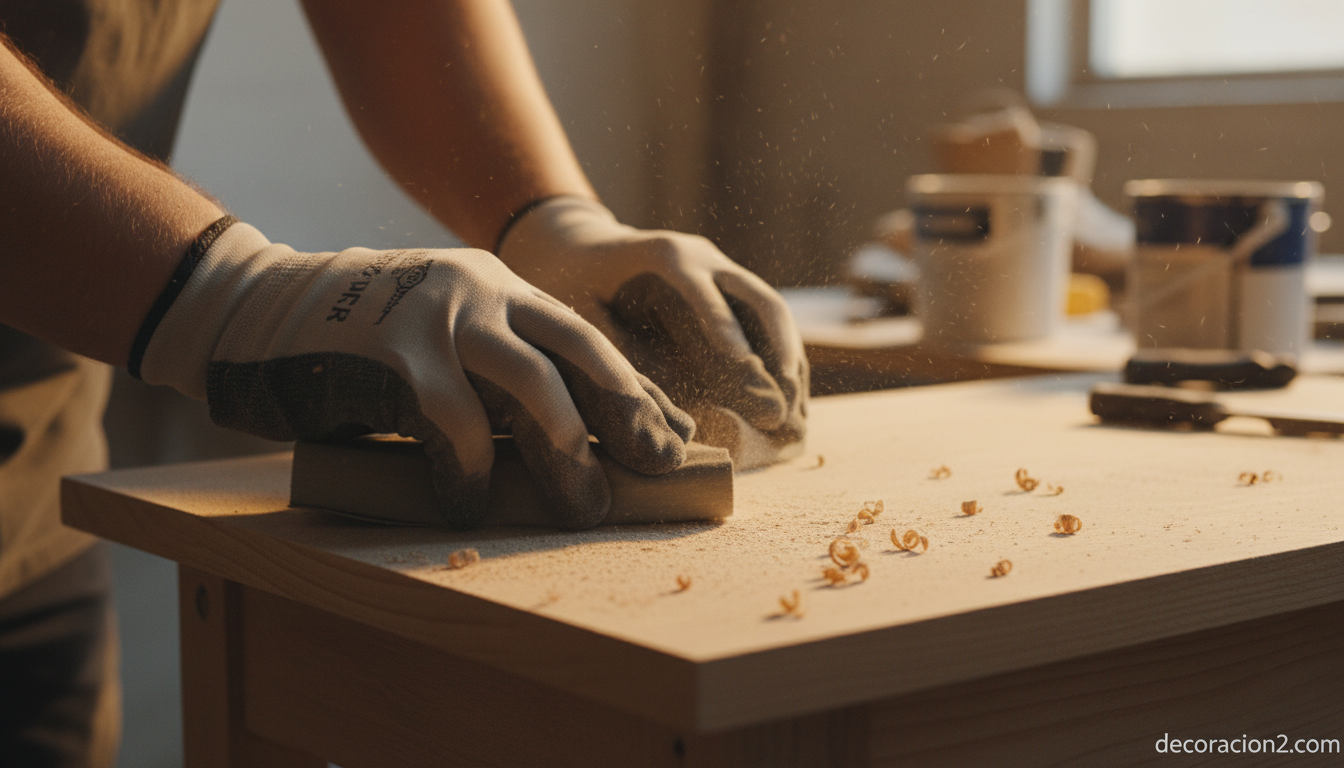 Cómo patinar la madera paso a paso: técnicas, materiales y acabados 8 Detalle de manos lijando superficie de madera para preparar el patinado del mueble