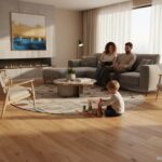 Modern living room with beautiful linoleum flooring in a wood-look pattern, a family relaxing on the