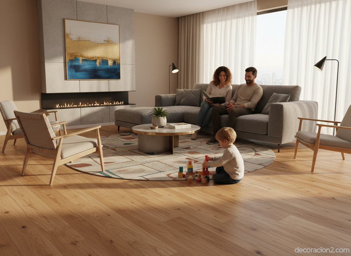 Salón moderno con suelo de linóleo efecto madera y familia disfrutando del espacio