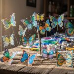 Beautiful colorful butterflies made from recycled plastic bottles, DIY craft project on a wooden tab