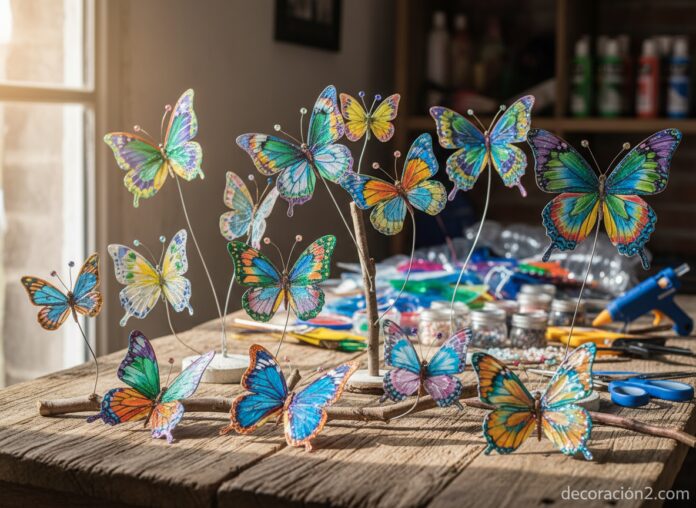 Beautiful colorful butterflies made from recycled plastic bottles, DIY craft project on a wooden tab