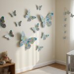 Colorful recycled plastic butterflies decorating a children’s bedroom wall, whimsical butterfly garl