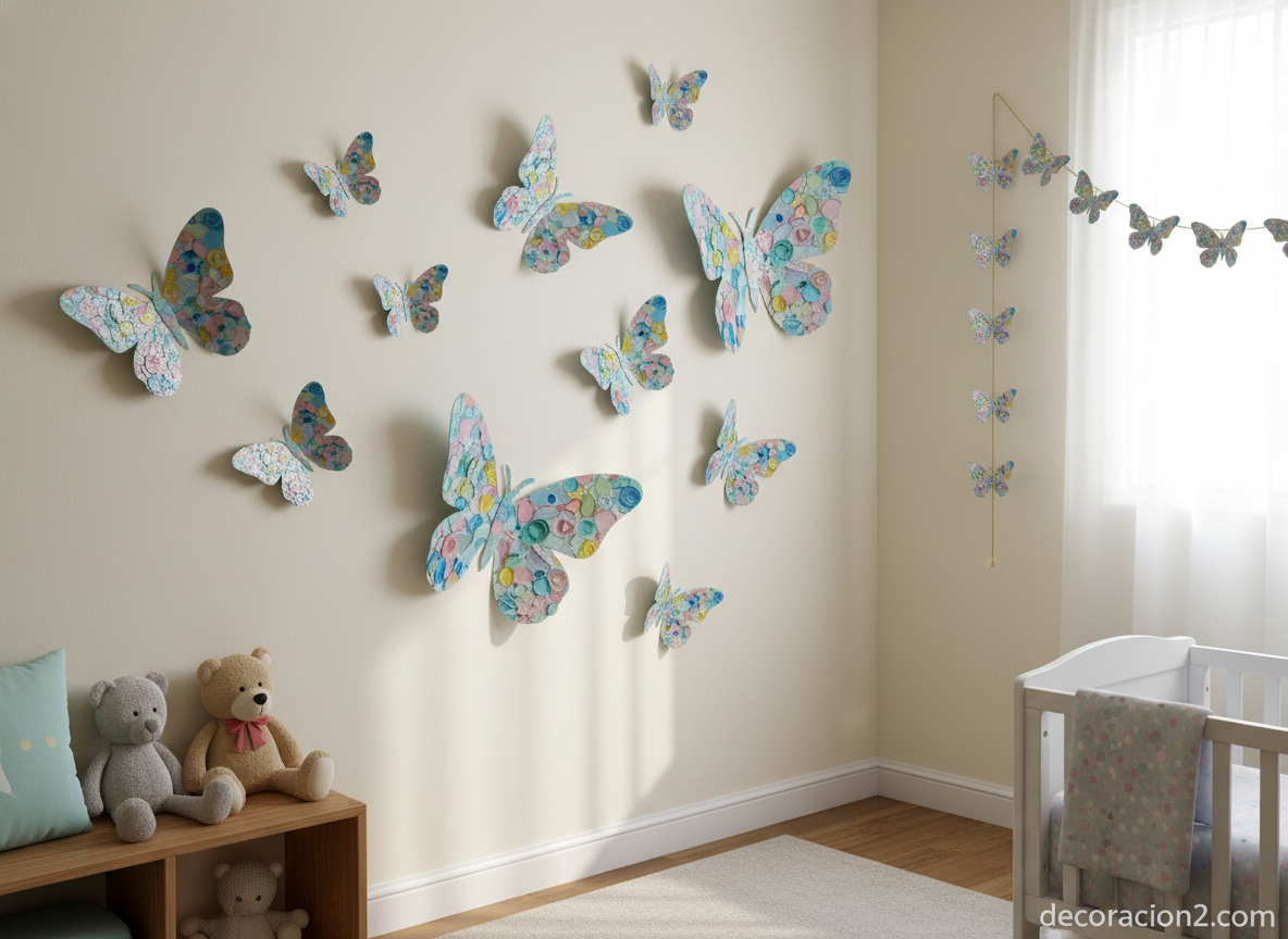 Cómo hacer mariposas recicladas con botellas de plástico 3 Mariposas recicladas de plástico decorando la pared de una habitación infantil