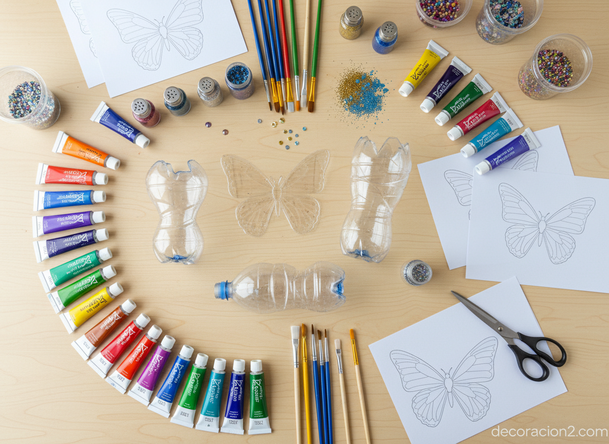 Cómo hacer mariposas recicladas con botellas de plástico 1 Materiales necesarios para hacer mariposas recicladas con botellas de plástico: pinturas, pinceles, tijeras y plantillas