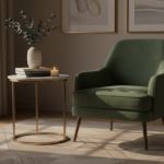 Elegant round marble side table with veined white and grey stone top on a thin brass base, placed be