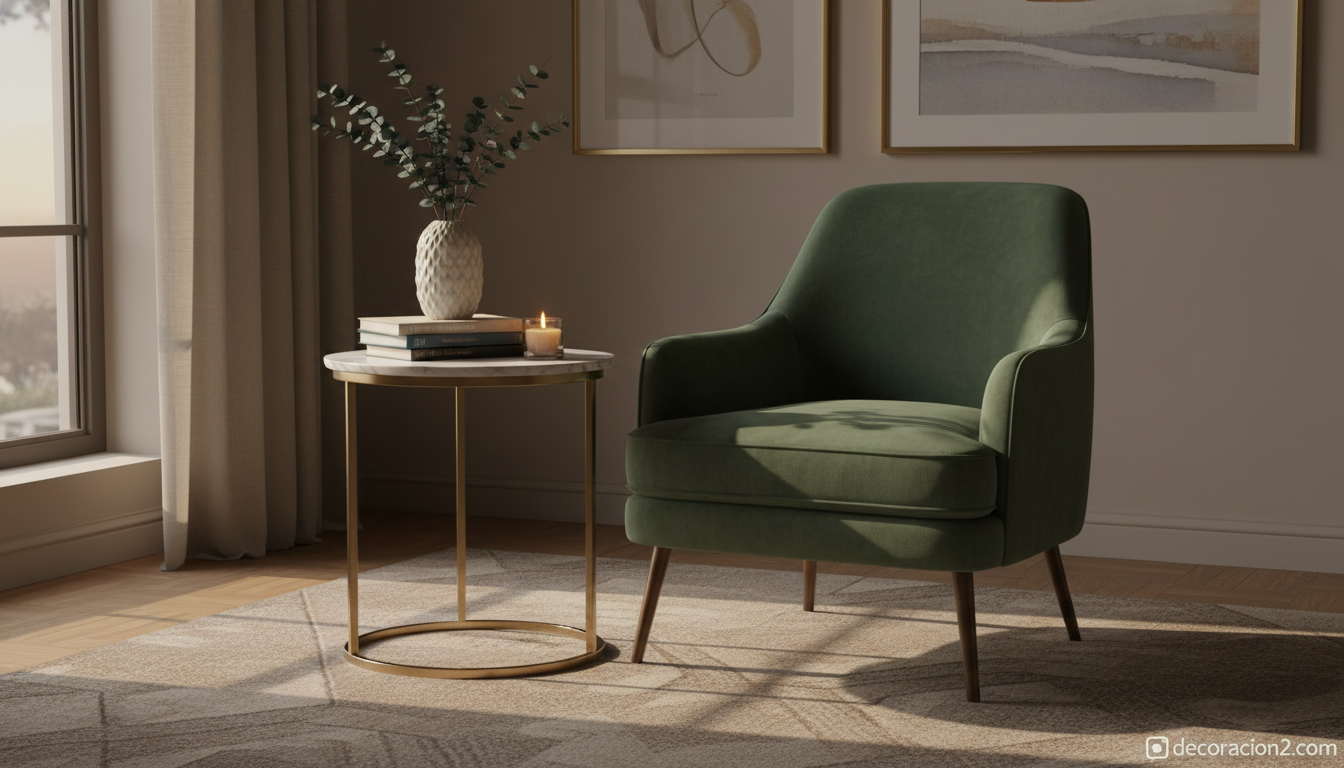 Mesa auxiliar redonda de mármol con base dorada junto a sillón