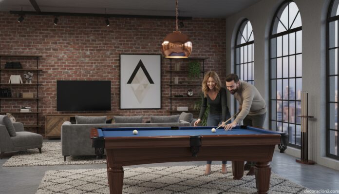 Pareja jugando al billar en un elegante salón de casa con mesa de madera oscura y paño azul