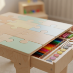 Close-up detail shot of a wooden puzzle-shaped children’s table, showing the interlocking geometric