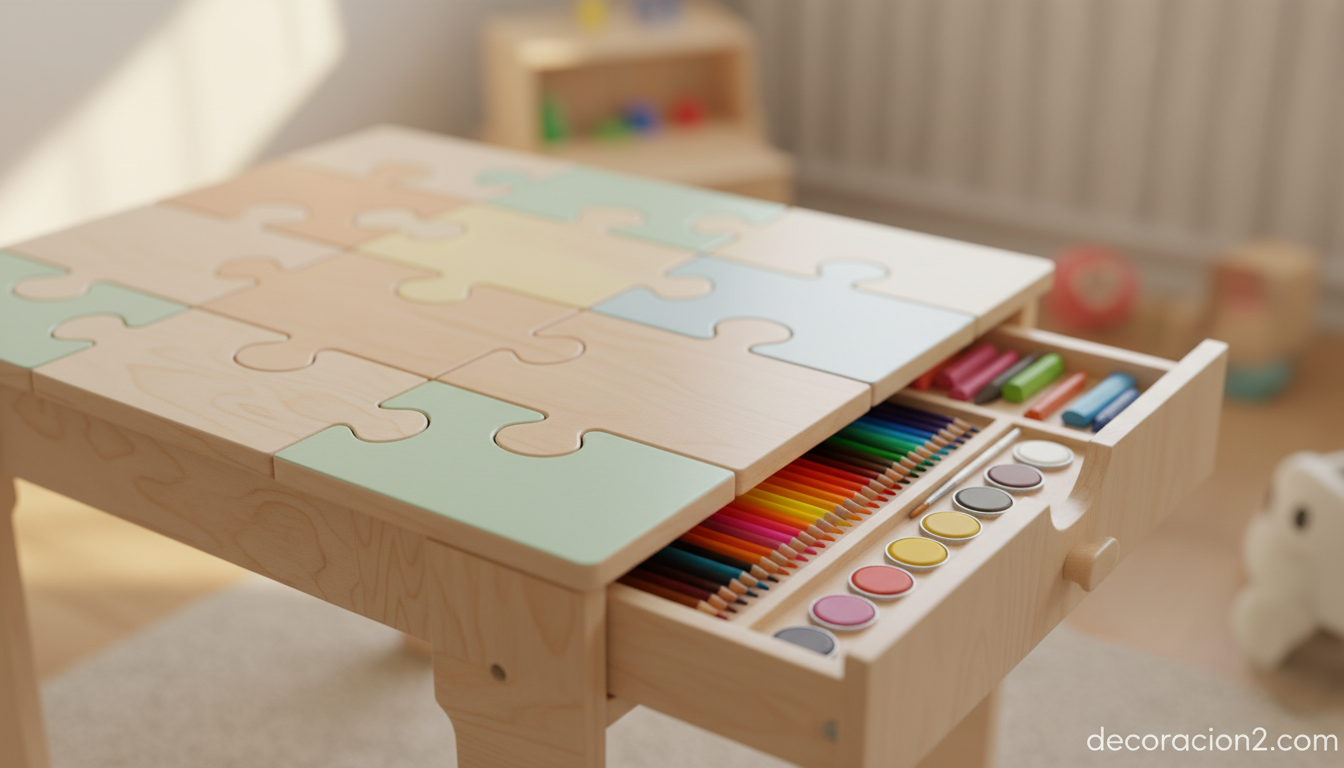 Detalle del cajón interior de una mesa puzzle infantil con material de manualidades