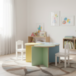 A bright, modern children’s bedroom featuring a colorful puzzle-shaped modular wooden table in the c