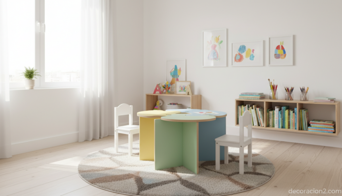 Mesa puzzle infantil en dormitorio decorado en tonos pastel