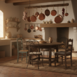 A rustic Mediterranean kitchen with a round dark wood table surrounded by mismatched vintage chairs,