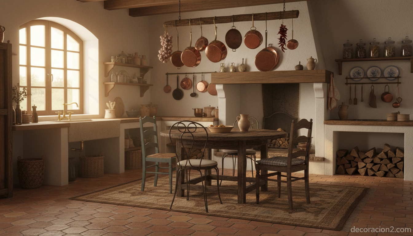 Mesa redonda de madera oscura en una cocina rústica mediterránea
