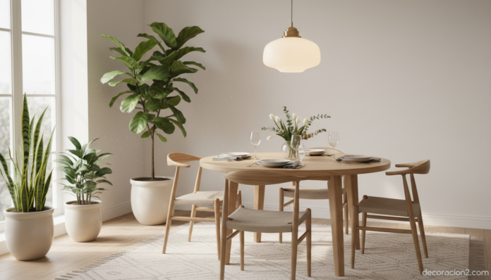 Mesa redonda de madera en un comedor elegante con estilo nórdico
