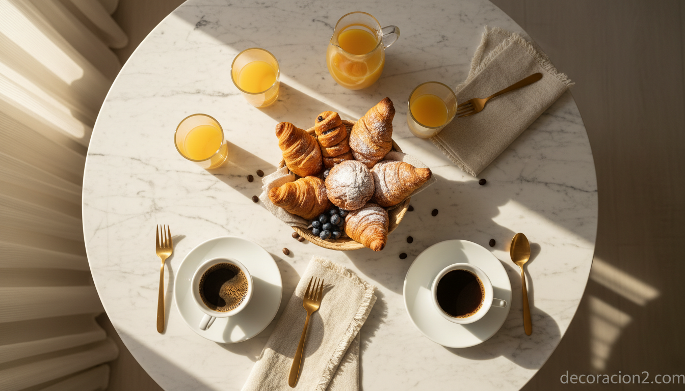 Vista cenital de una mesa redonda de mármol con desayuno servido