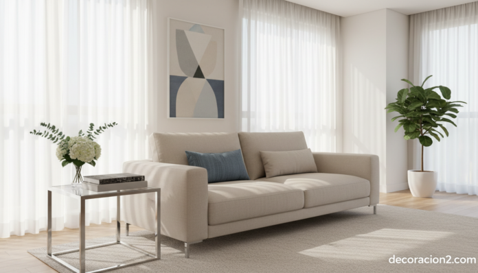 Mesas auxiliares de vidrio y aluminio en salón moderno