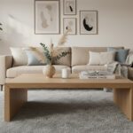 A stylish modern living room with a beautiful wooden coffee table as the centerpiece. The table has